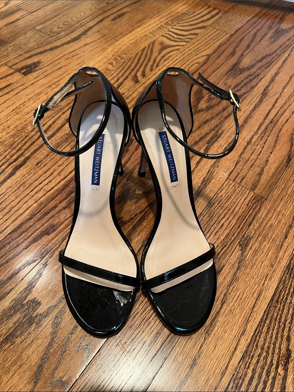 Stuart Weitzman Black Patent Ankle-Strap Heeled Sandals Size 8.5